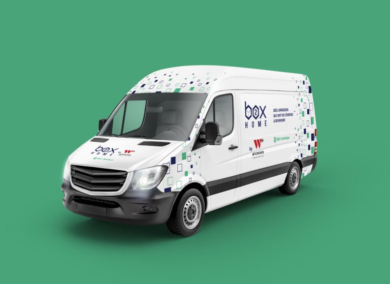 Yeşil bir arka plan üzerinde modern, çevreye duyarlı bir marka ile ticari bir araç tasarımı, görsel iletişim projesi.