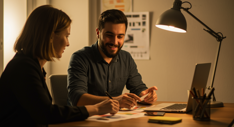 Designer graphique et client collaborant sur un projet de marque à la lumière d'une lampe, analyse de palettes de couleurs.