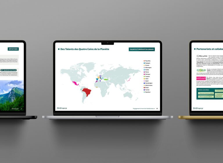 Trois écrans d'ordinateur montrant des infographies et cartes pour un projet de design web et communication visuelle.