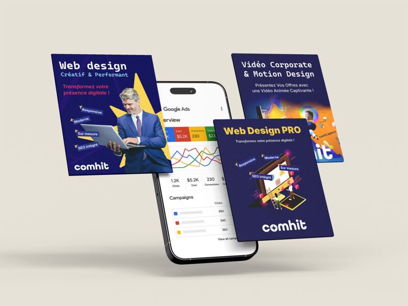 Smartphone affichant des graphiques de performance avec des affiches de services de design numérique autour.