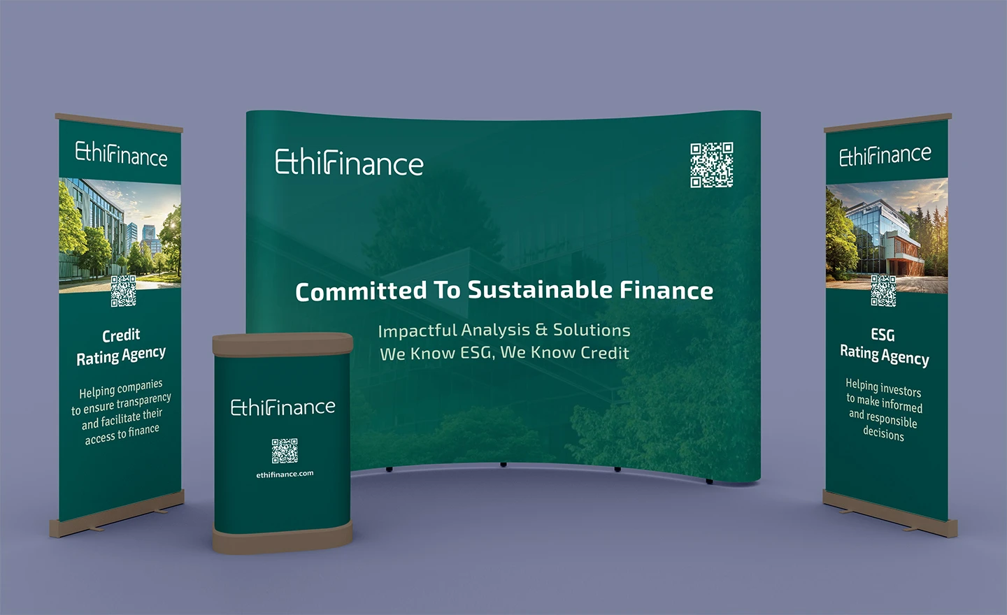 Stand de design graphique pour Ethifinance, mettant en avant des solutions ESG durables avec des roll-ups et un fond.