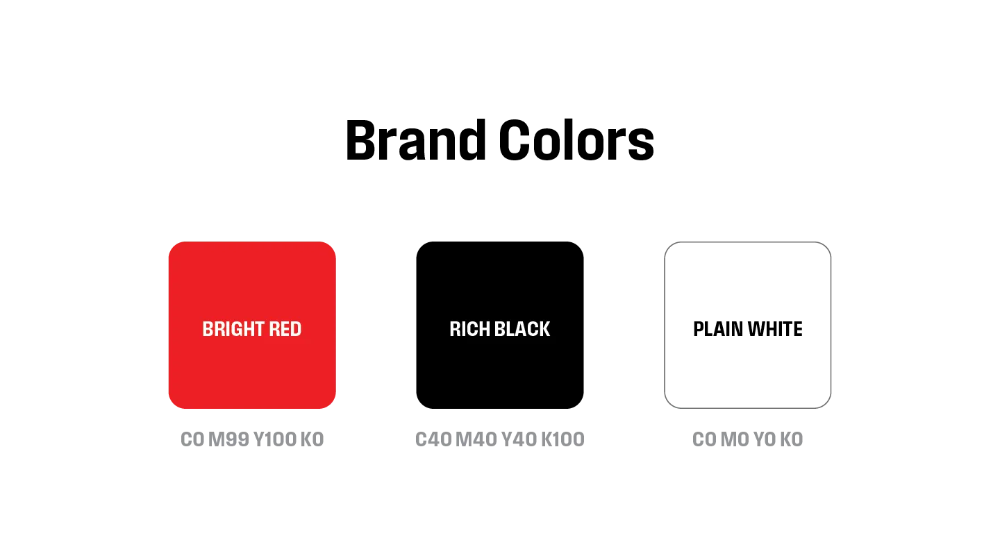 Palette de couleurs de marque avec rouge vif, noir intense et blanc, idéal pour design graphique et communication visuelle.