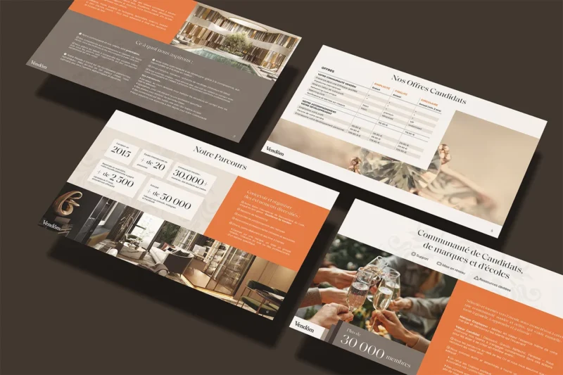 Design d'une brochure élégante pour une marque, avec mise en page moderne et visuels captivants pour communication visuelle.