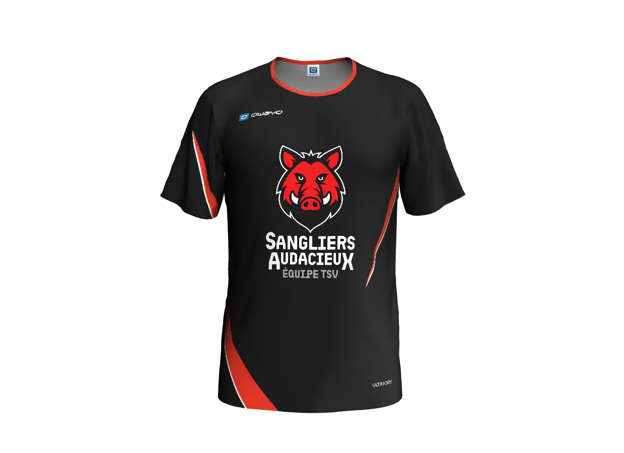 Maillot sportif noir avec logo Sangliers Audacieux, design graphique dynamique pour une équipe sportive.