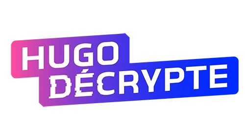 Hugo Décrypte'in grafik tasarım ve markalaşma alanındaki uzmanlığını gösteren mavi-pembe gradyanlı modern, dinamik logosu.