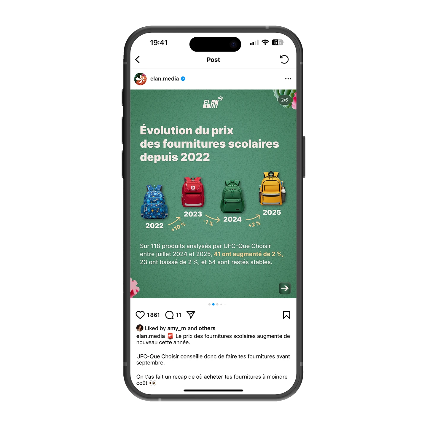 Évolution des prix des fournitures scolaires illustrée par des sacs colorés, design informatif sur smartphone.