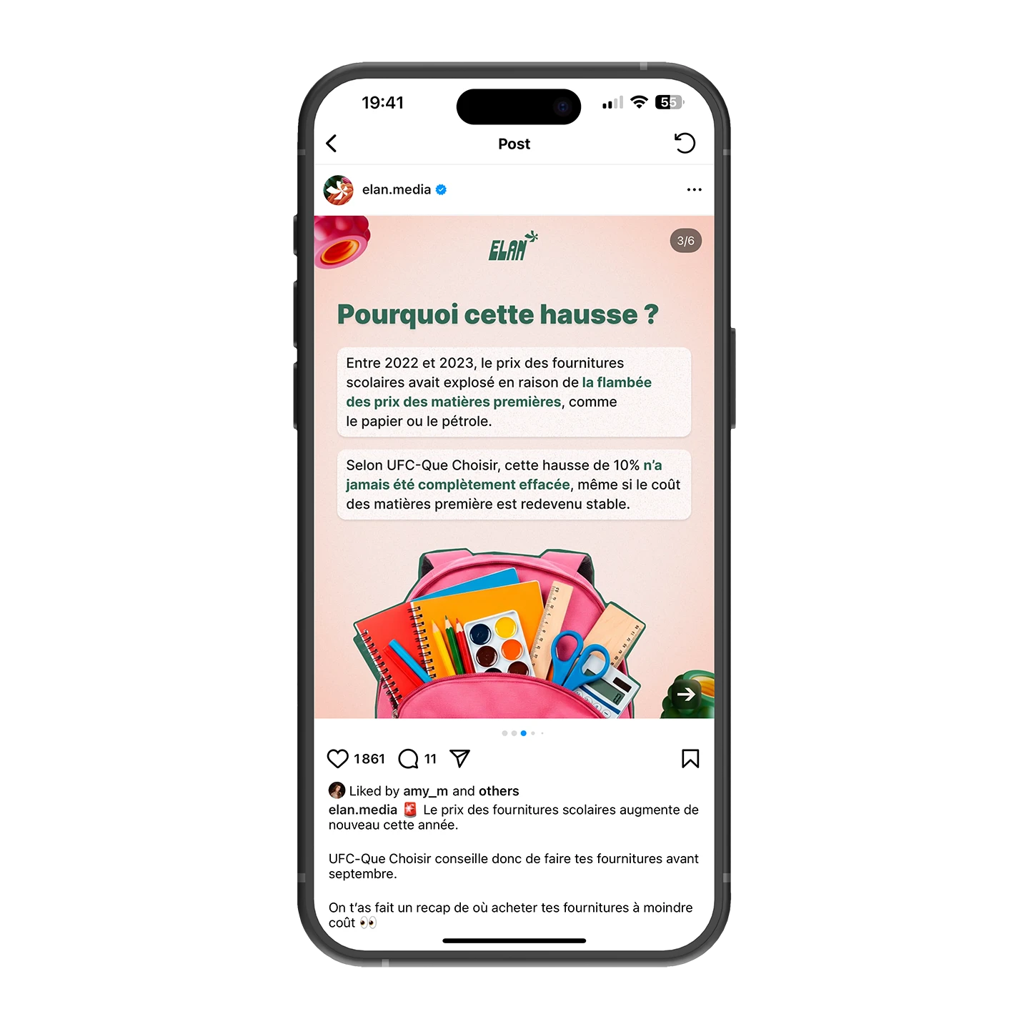 Publication Instagram sur l'augmentation des prix des fournitures scolaires, avec un graphisme attrayant et coloré.