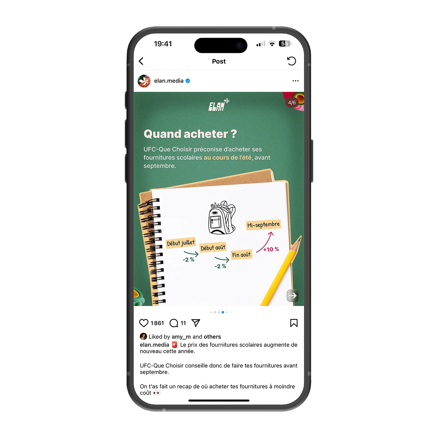 Graphisme moderne expliquant quand acheter des fournitures scolaires, affiché sur un smartphone.