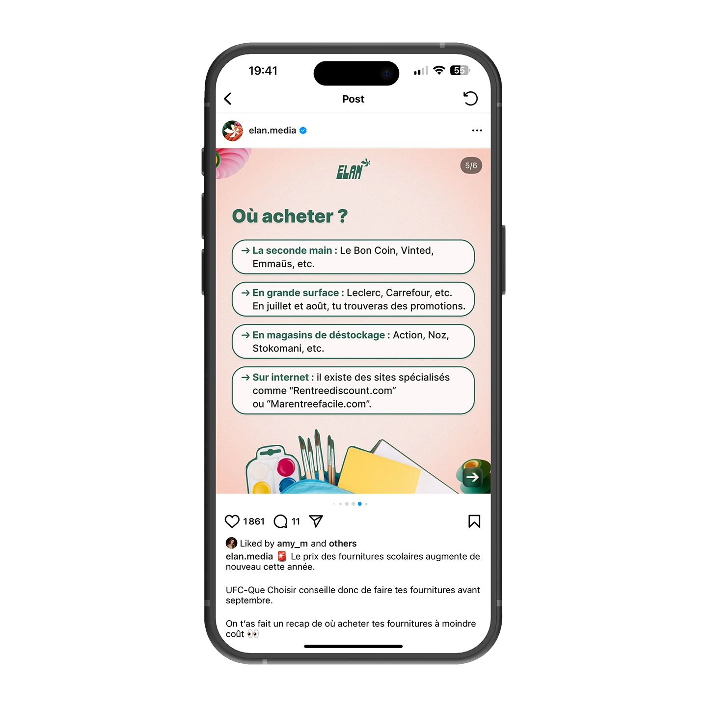 Publication Instagram sur les options d'achat abordables pour fournitures scolaires. Design moderne, conseils pratiques inclus.