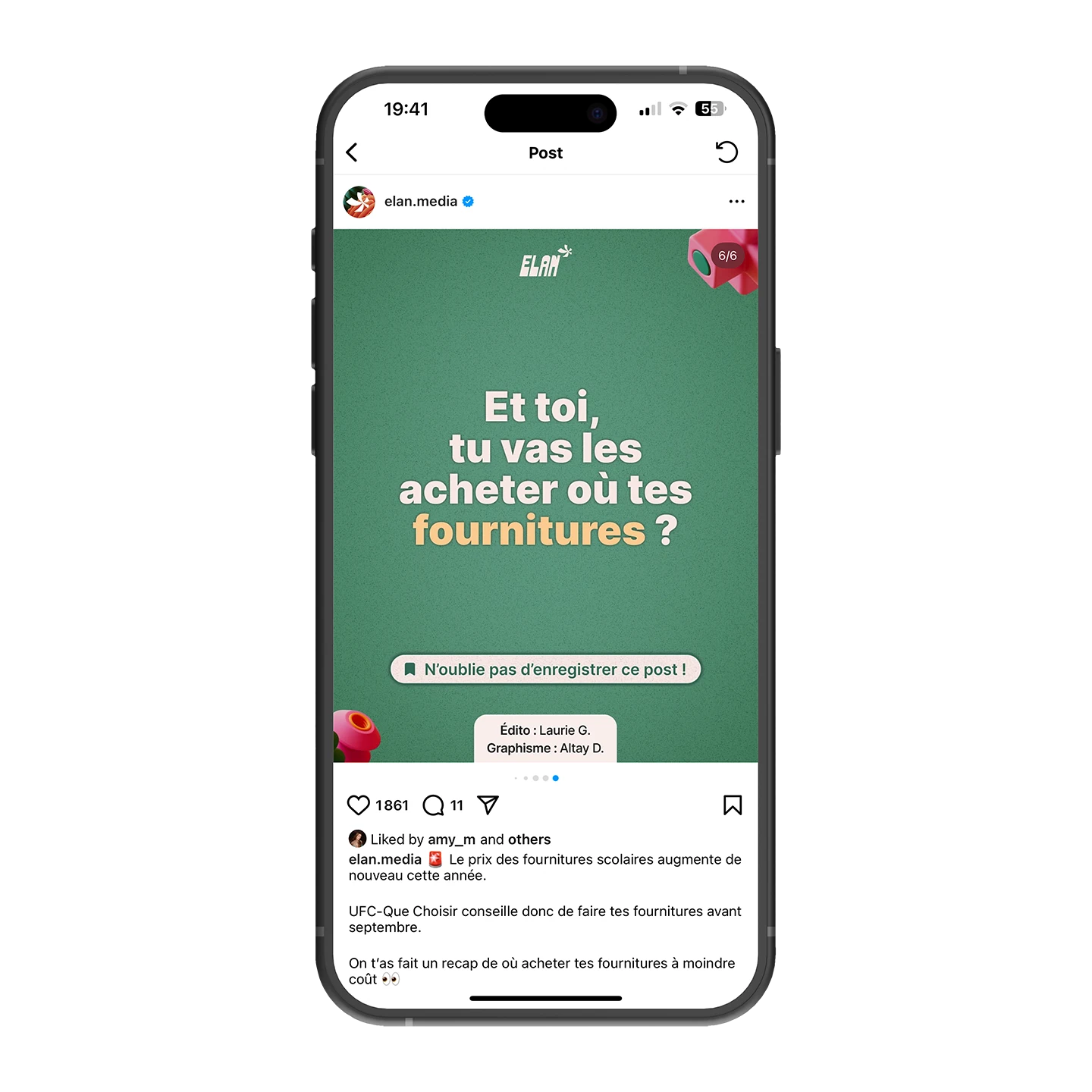 Publication sur les fournitures scolaires sur un smartphone, avec un design graphique attrayant et du texte engageant.