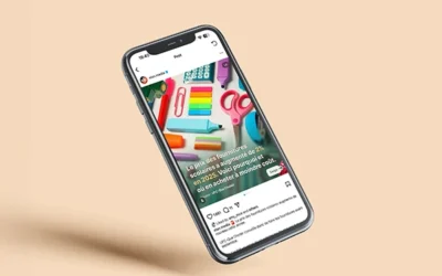 Akıllı telefonda renkli okul malzemeleri ile Instagram yayını için grafik tasarım uzmanlığını gösteren maket.