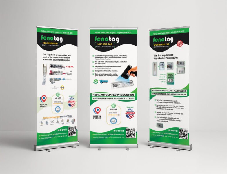 Modern advertising banners for Fenotag, featuring RFID solutions and effective branding in innovative graphic design.