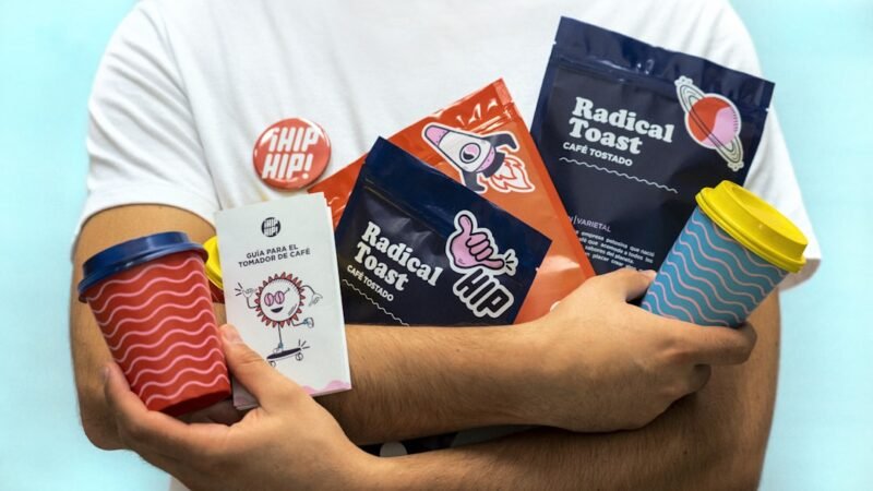 Colorful, creative packaging for a coffee brand, illustrating modern, attractive graphic design.