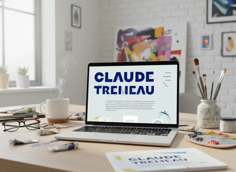 Un ordinateur portable ouvert sur un bureau d'artiste, affichant la page d'accueil du site portfolio de Claude Tremeau. Des tubes de peinture, pinceaux et une tasse de café fumante sont disposés autour.