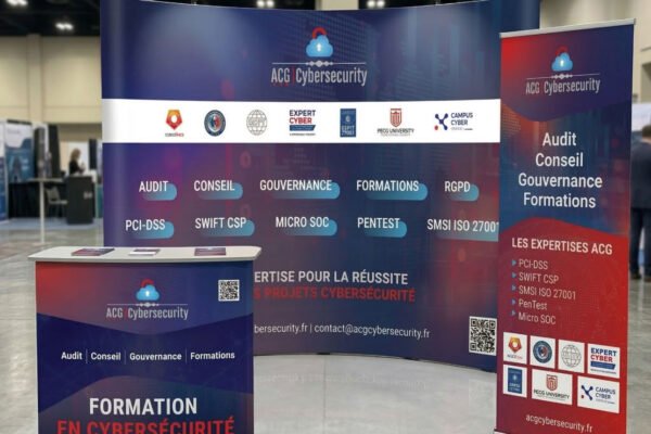 Création de Stand d’Exposition Professionnel : ACG Cybersecurity (Parapluie, Comptoir, Kakémono)